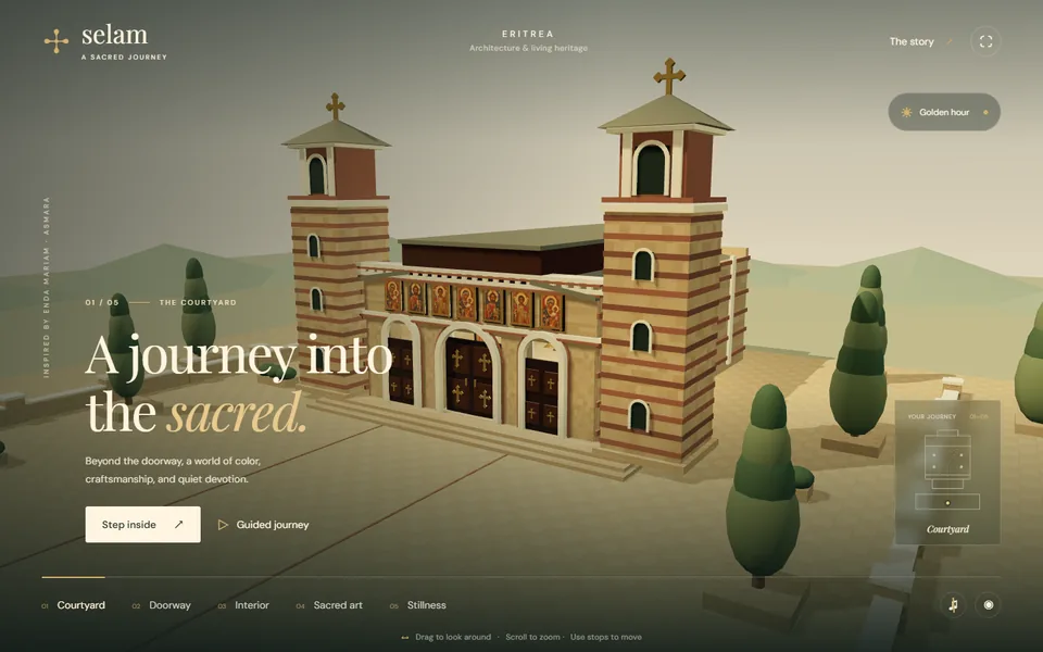 Selam: 3D church courtyard with the title 