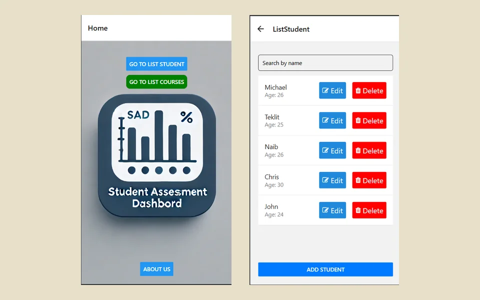 Student Assessment App: home screen and student list on two phone screens