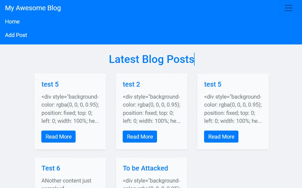 Vulnerable blog app whose post list renders an injected script instead of text